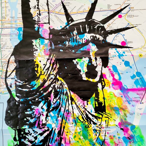 Handpainted Statue of Liberty Unique Acrylic Art painting on a NYC Subway map - Picture 3 of 8